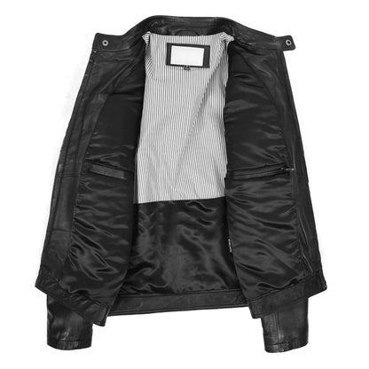 Mens Leather Biker Style Zip Jacket Eddie Black - genuine leather jacket in black with four outer pockets