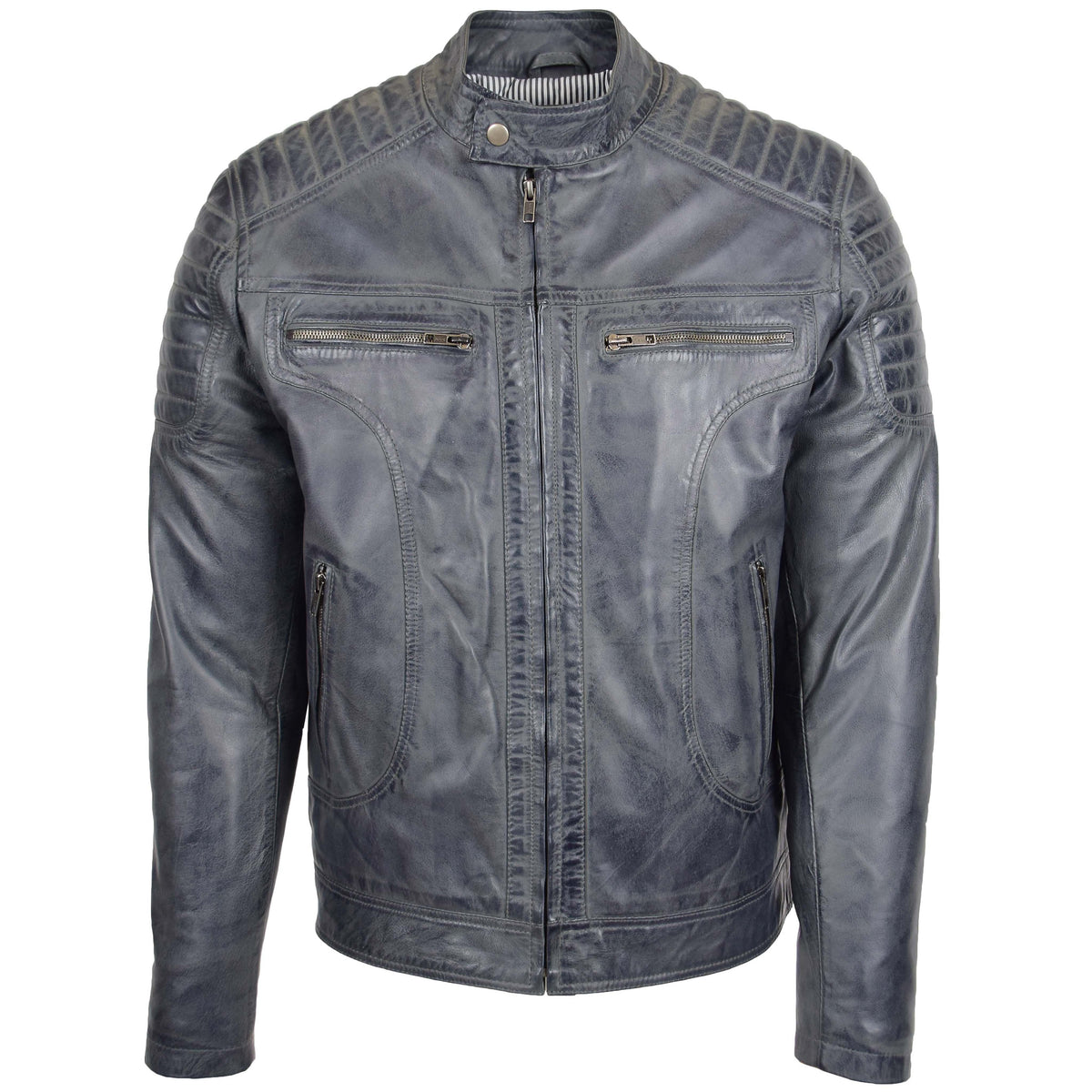 Mens Leather Biker Style Zip Jacket Eddie Grey Two Tone - genuine leather jacket in grey two tone with four outer pockets