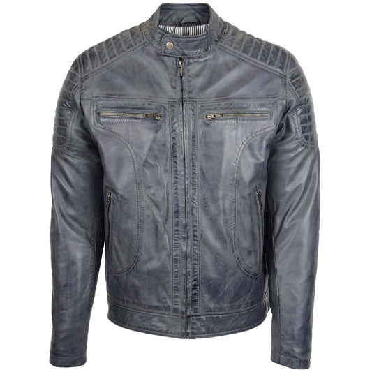 Mens Leather Biker Style Zip Jacket Eddie Grey Two Tone - genuine leather jacket in grey two tone with four outer pockets