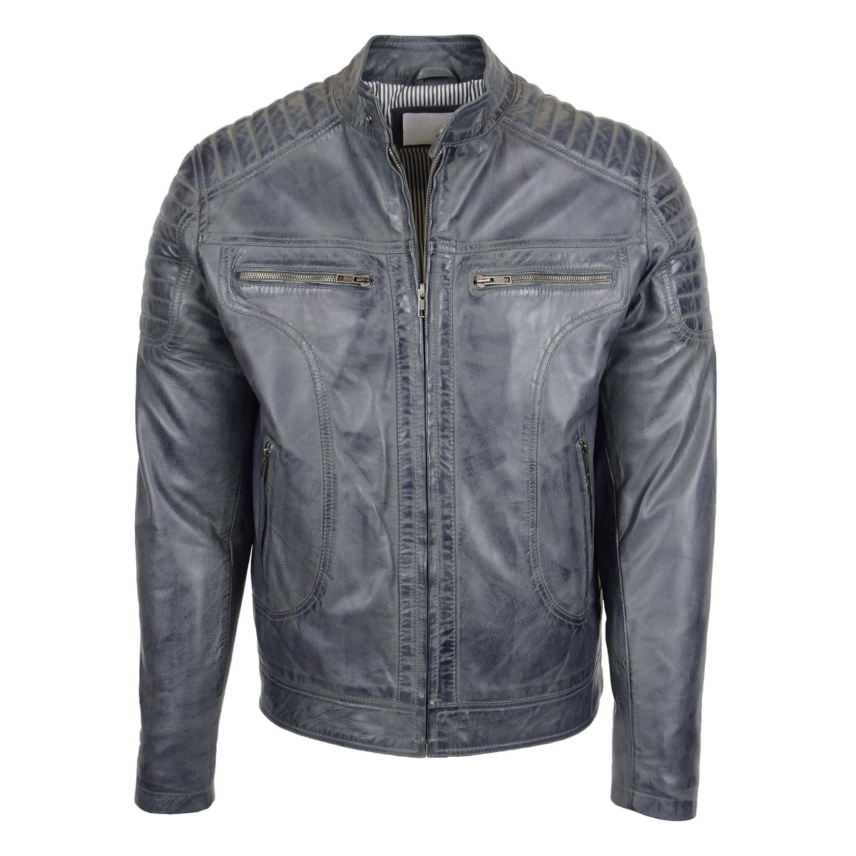 Mens Leather Biker Style Zip Jacket Eddie Grey Two Tone - genuine leather jacket in grey two tone with biker