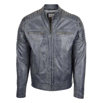 Mens Leather Biker Style Zip Jacket Eddie Grey Two Tone - genuine leather jacket in grey two tone with biker