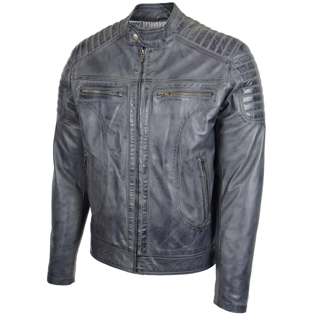 Mens Leather Biker Style Zip Jacket Eddie Grey Two Tone - genuine leather jacket in grey two tone with four outer pockets