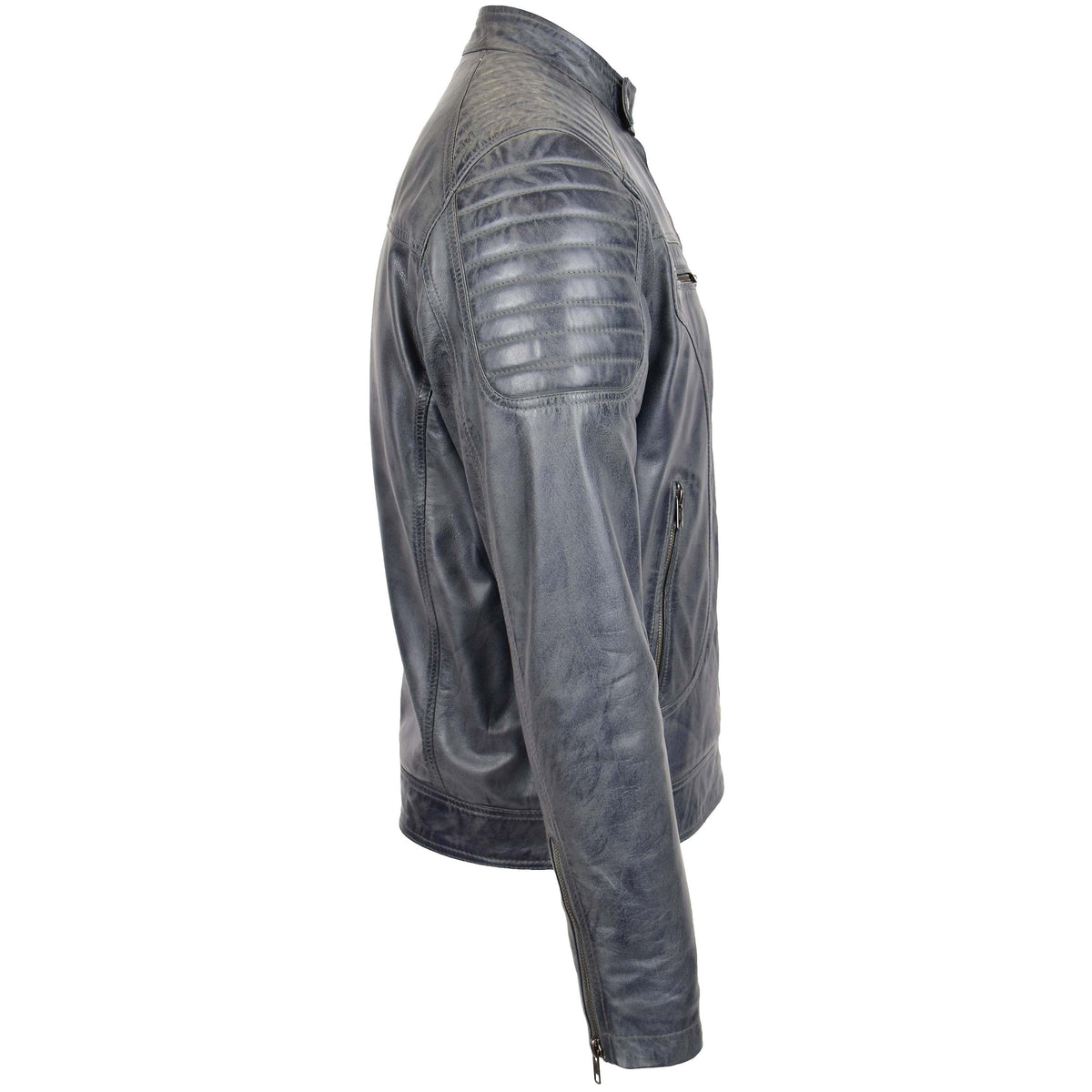 Mens Leather Biker Style Zip Jacket Eddie Grey Two Tone - genuine leather jacket in grey two tone with biker
