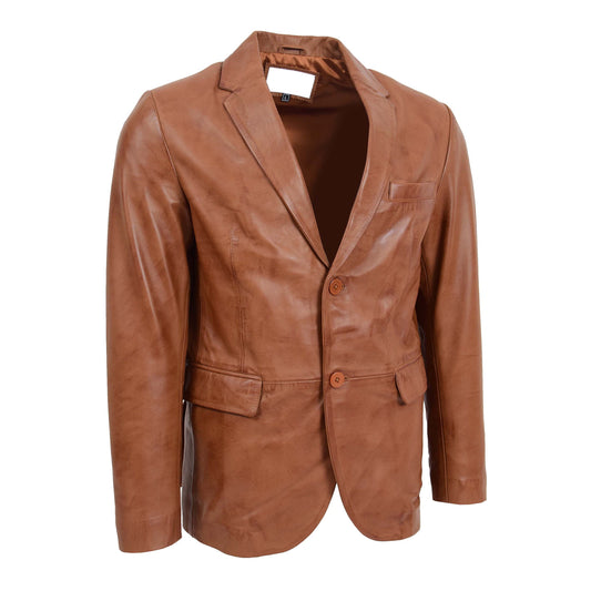 Mens Leather Blazer Two Button Jacket Zavi Tan - genuine leather jacket in tan with two button