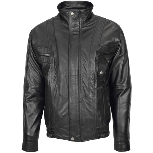 Mens Leather Bomber Blouson Jacket Robert Black - genuine leather jacket in black with bomber