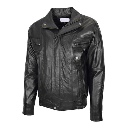 Mens Leather Bomber Blouson Jacket Robert Black - genuine leather jacket in black with four outer pockets