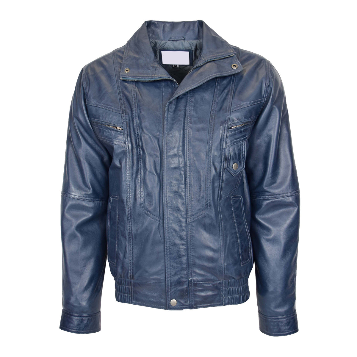 Mens Leather Bomber Blouson Jacket Robert Blue - genuine leather jacket in blue with four outer pockets