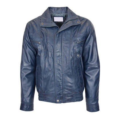 Mens Leather Bomber Blouson Jacket Robert Blue - genuine leather jacket in blue with four outer pockets