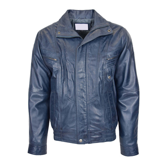 Mens Leather Bomber Blouson Jacket Robert Blue - genuine leather jacket in blue with four outer pockets