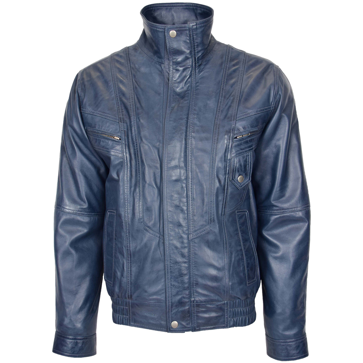 Mens Leather Bomber Blouson Jacket Robert Blue - genuine leather jacket in blue with bomber