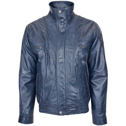 Mens Leather Bomber Blouson Jacket Robert Blue - genuine leather jacket in blue with bomber