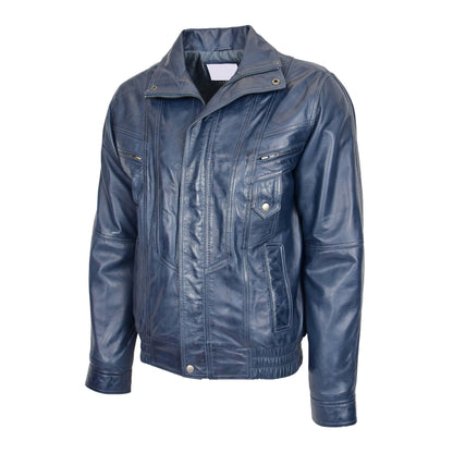 Mens Leather Bomber Blouson Jacket Robert Blue - genuine leather jacket in blue with four outer pockets