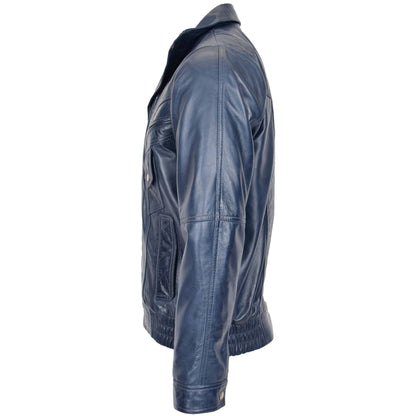 Mens Leather Bomber Blouson Jacket Robert Blue - genuine leather jacket in blue with bomber