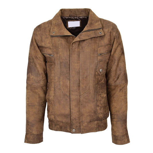 Mens Leather Bomber Blouson Jacket Robert Brown - genuine leather jacket in brown with four outer pockets
