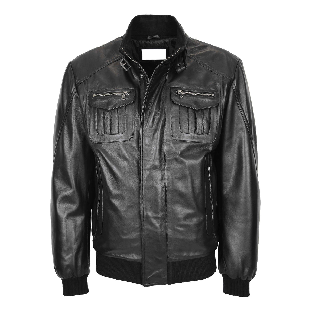 Mens Leather Bomber Flight Jacket Tom Black - genuine leather jacket in black with four outer pockets