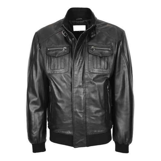Mens Leather Bomber Flight Jacket Tom Black - genuine leather jacket in black with four outer pockets