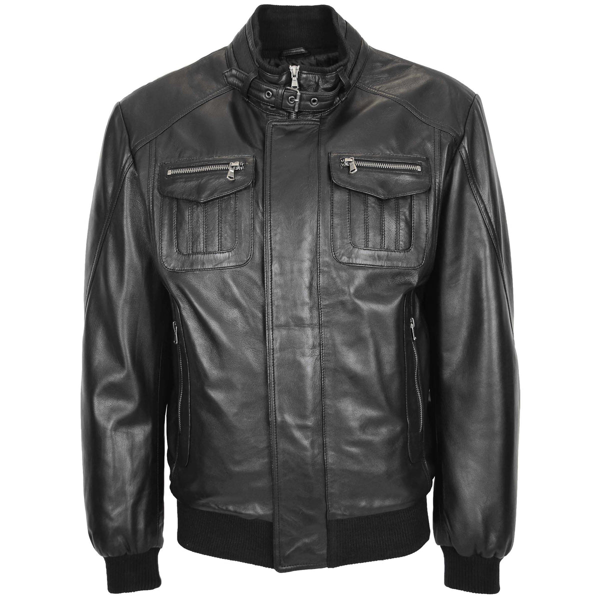 Mens Leather Bomber Flight Jacket Tom Black - genuine leather jacket in black with bomber