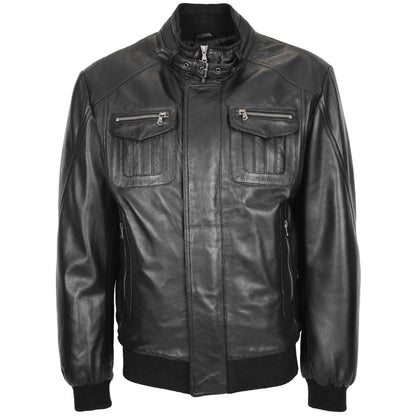 Mens Leather Bomber Flight Jacket Tom Black - genuine leather jacket in black with bomber