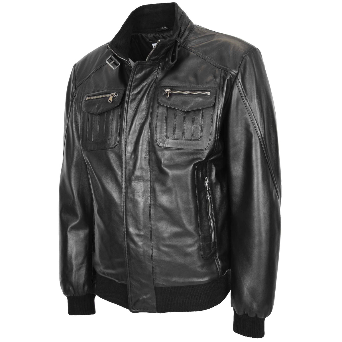 Mens Leather Bomber Flight Jacket Tom Black - genuine leather jacket in black with four outer pockets