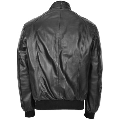 Mens Leather Bomber Flight Jacket Tom Black - genuine leather jacket in black with bomber