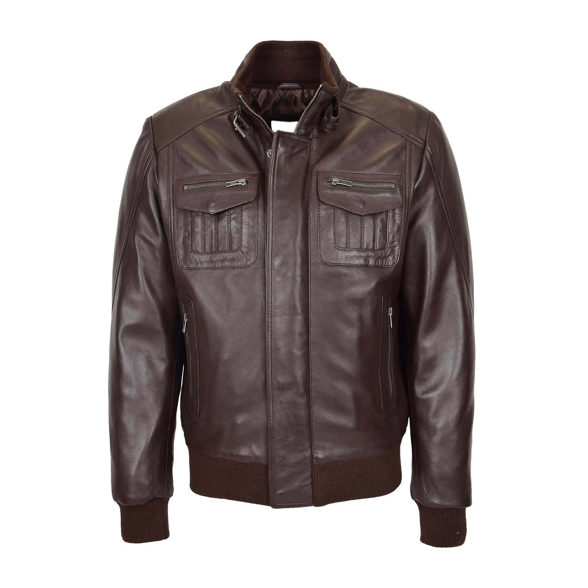Mens Leather Bomber Flight Jacket Tom Brown - genuine leather jacket in brown with four outer pockets