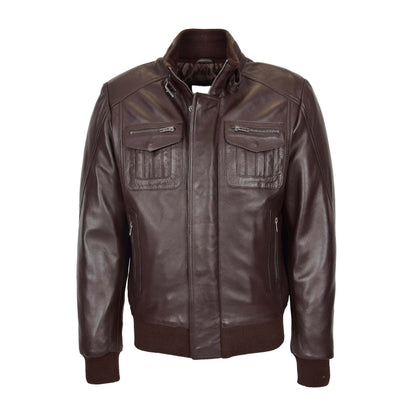 Mens Leather Bomber Flight Jacket Tom Brown - genuine leather jacket in brown with four outer pockets