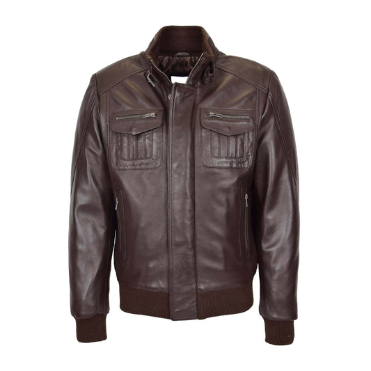 Mens Leather Bomber Flight Jacket Tom Brown - genuine leather jacket in brown with four outer pockets