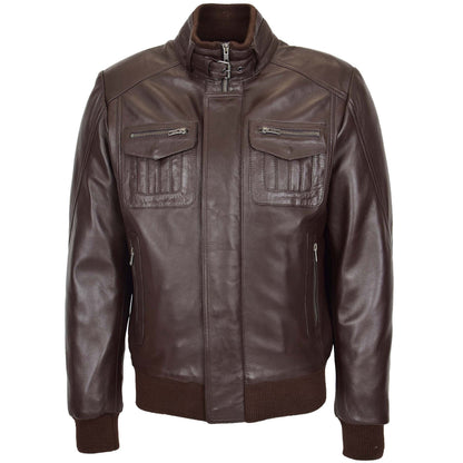 Mens Leather Bomber Flight Jacket Tom Brown - genuine leather jacket in brown with bomber