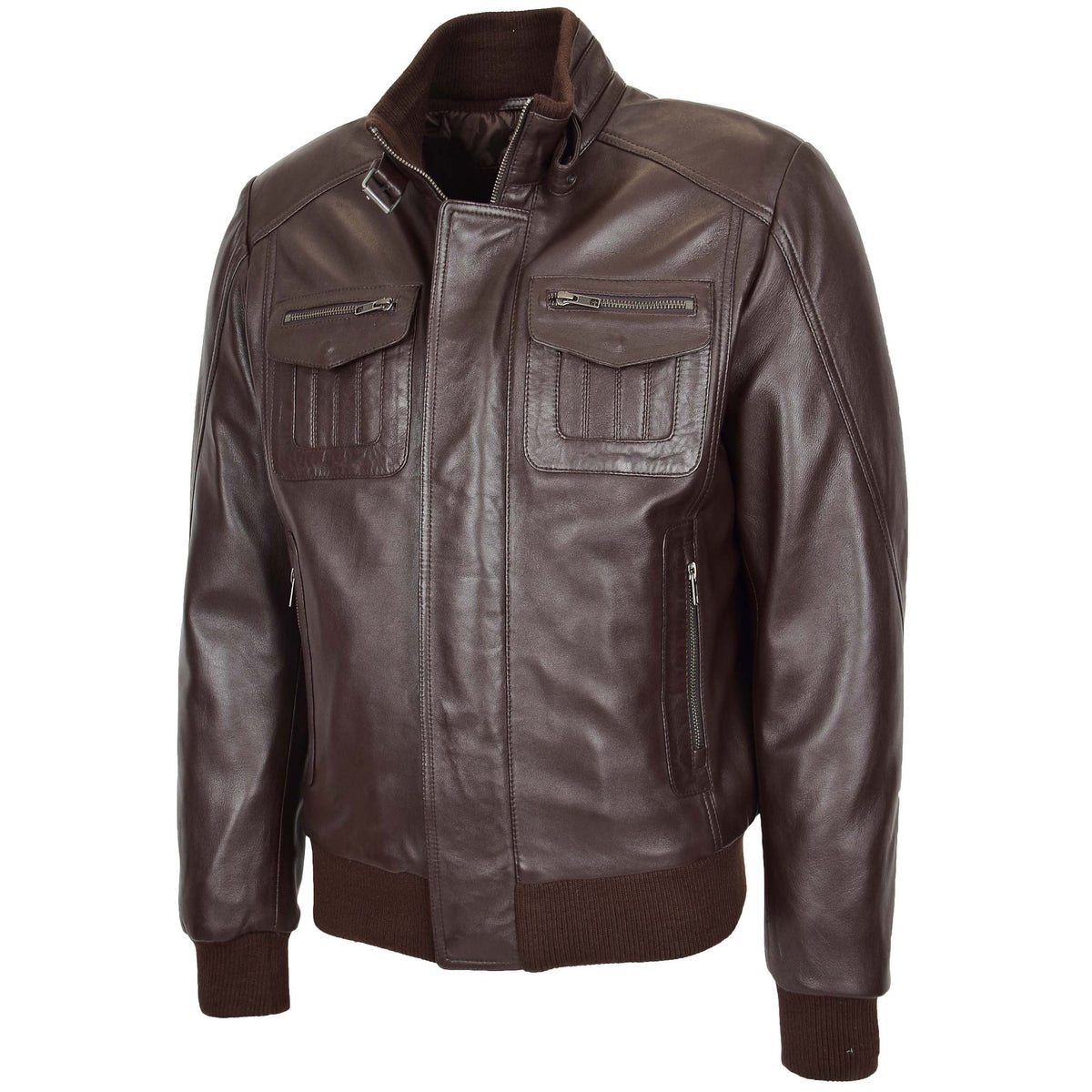 Mens Leather Bomber Flight Jacket Tom Brown - genuine leather jacket in brown with four outer pockets