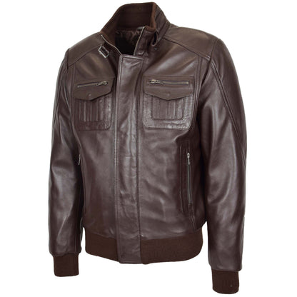 Mens Leather Bomber Flight Jacket Tom Brown - genuine leather jacket in brown with four outer pockets