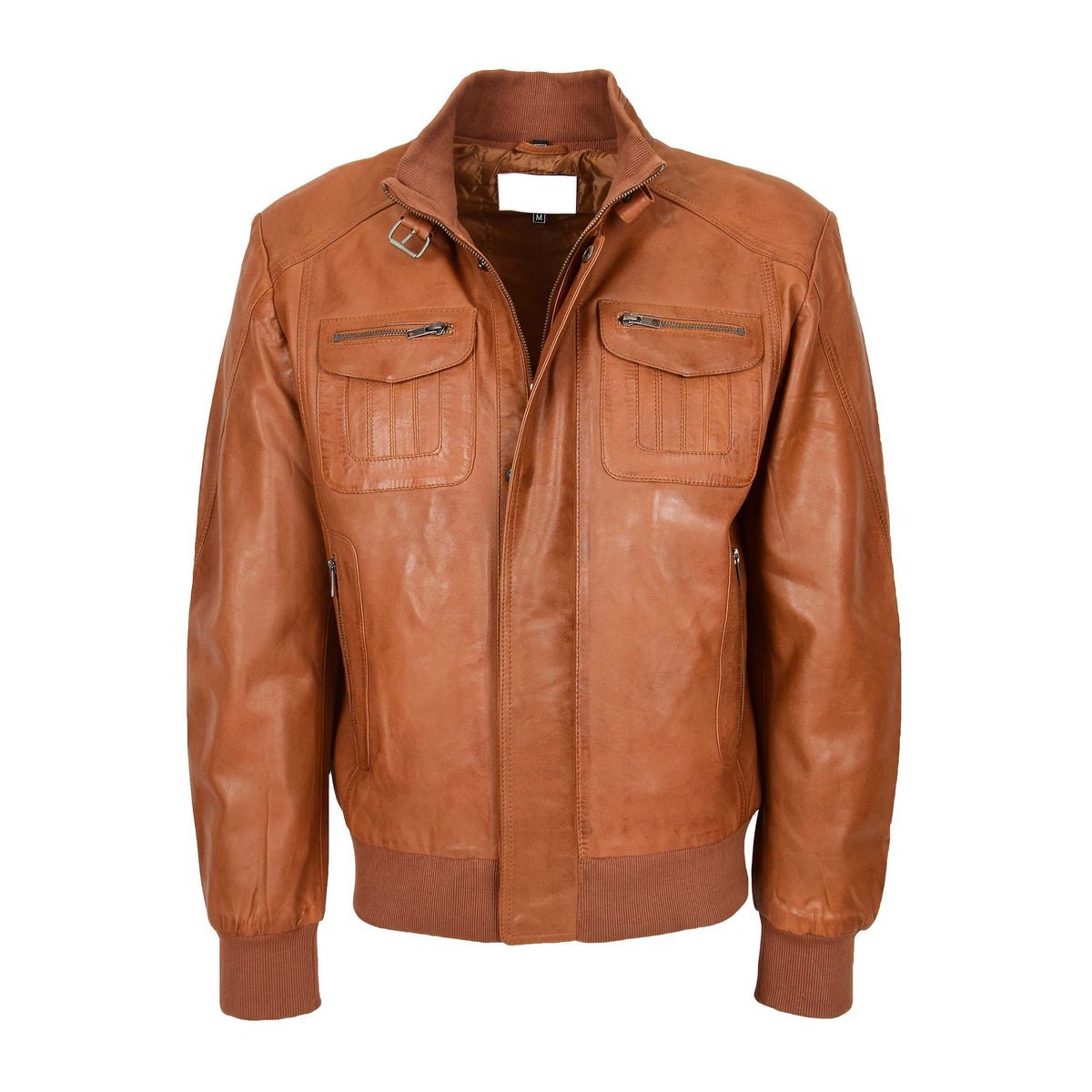 Mens Leather Bomber Flight Jacket Tom Tan - genuine leather jacket in tan with four outer pockets