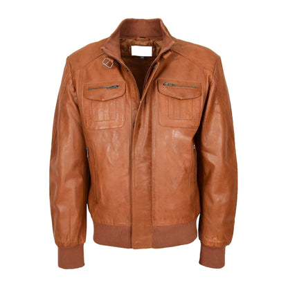 Mens Leather Bomber Flight Jacket Tom Tan - genuine leather jacket in tan with four outer pockets