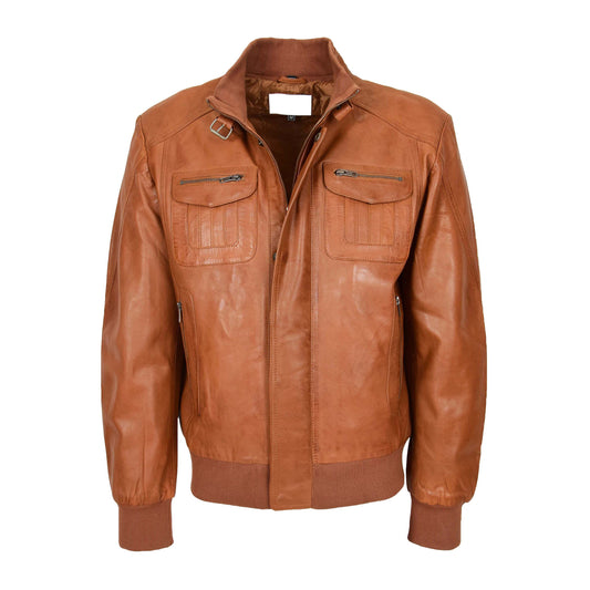 Mens Leather Bomber Flight Jacket Tom Tan - genuine leather jacket in tan with four outer pockets
