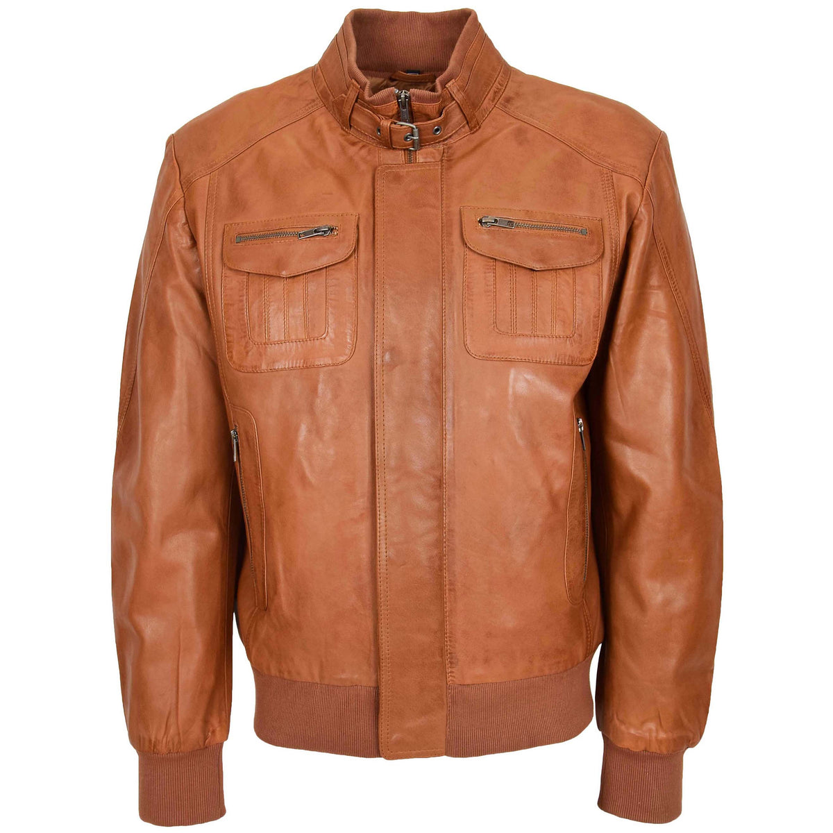 Mens Leather Bomber Flight Jacket Tom Tan - genuine leather jacket in tan with bomber