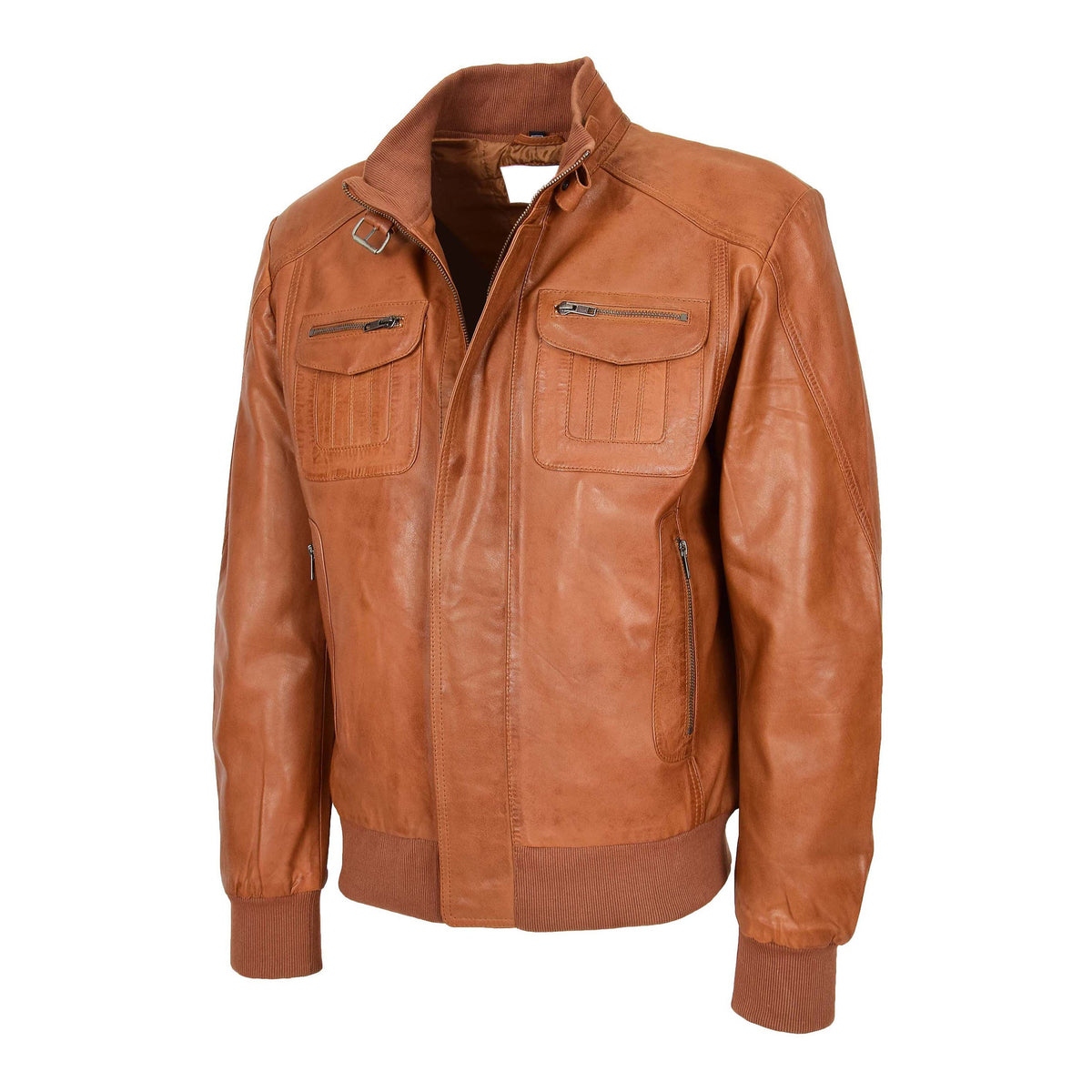 Mens Leather Bomber Flight Jacket Tom Tan - genuine leather jacket in tan with four outer pockets