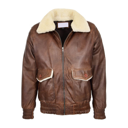 Mens Leather Bomber Jacket G-1 Aviator Style Cooper Brown - genuine sheepskin jacket in brown with four outer pockets