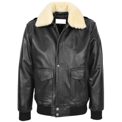 Mens Leather Bomber Jacket G-1 Aviator Style Jarrod Black - genuine sheepskin jacket in black with four outer pockets