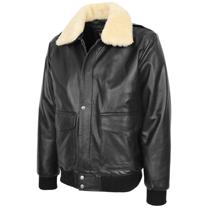 Mens Leather Bomber Jacket G-1 Aviator Style Jarrod Black - genuine sheepskin jacket in black with aviator