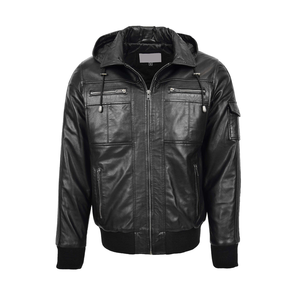 Mens Leather Bomber Jacket with Hoodie Bronx Black - genuine leather jacket in black with four outer pockets