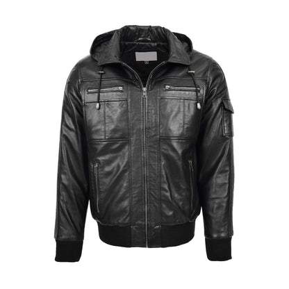 Mens Leather Bomber Jacket with Hoodie Bronx Black - genuine leather jacket in black with four outer pockets