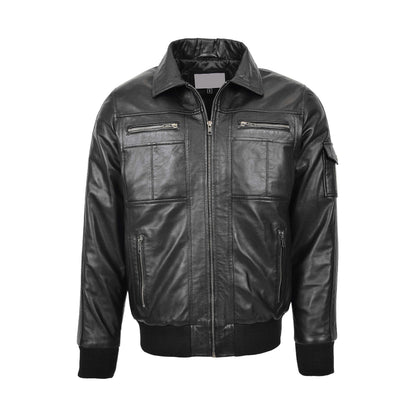 Mens Leather Bomber Jacket with Hoodie Bronx Black - genuine leather jacket in black with bomber