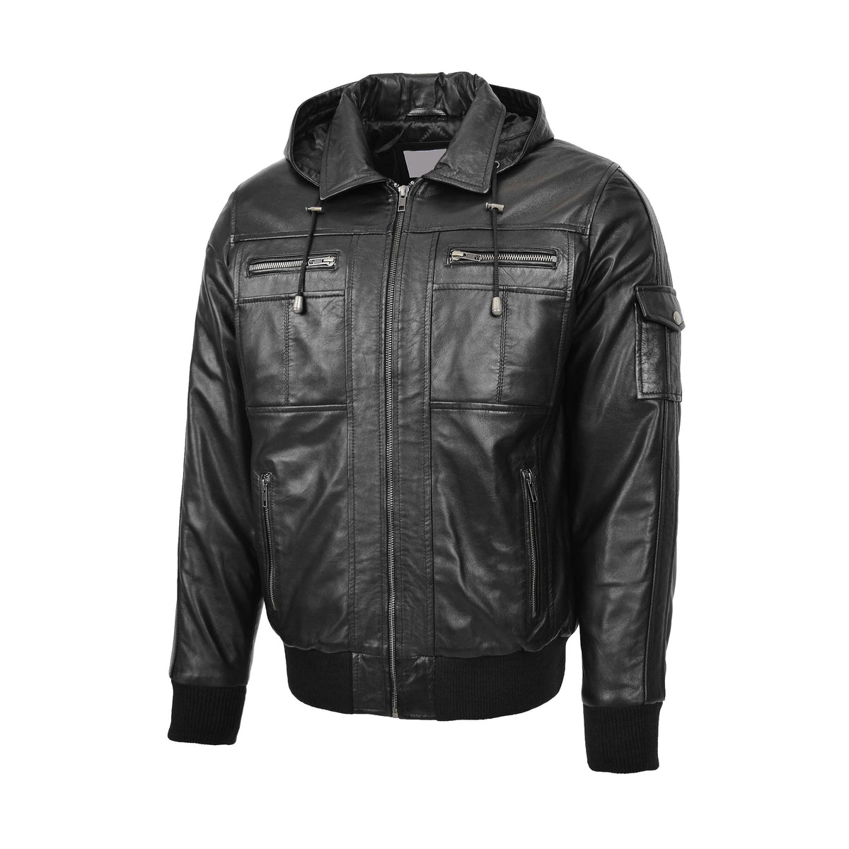 Mens Leather Bomber Jacket with Hoodie Bronx Black - genuine leather jacket in black with four outer pockets