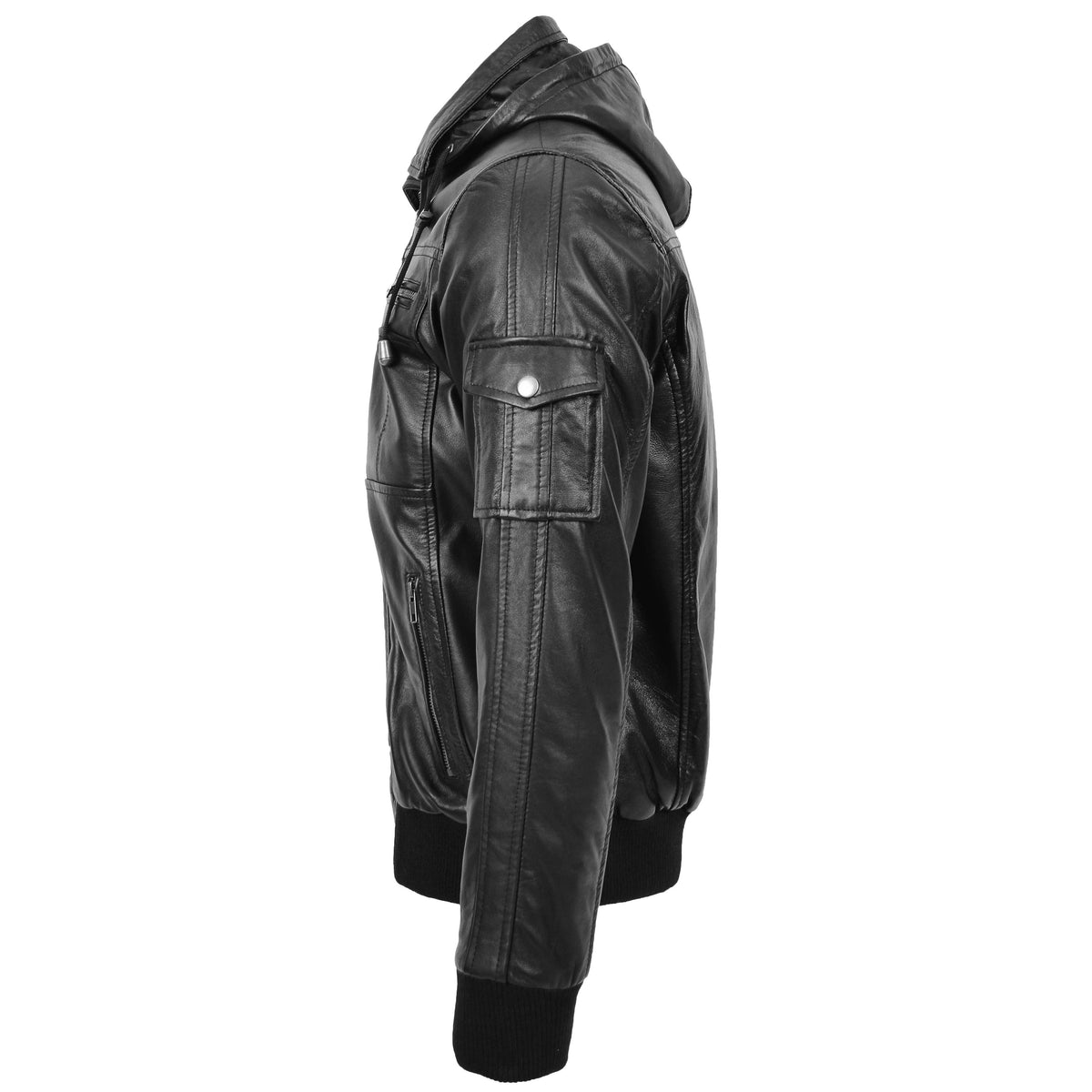 Mens Leather Bomber Jacket with Hoodie Bronx Black - genuine leather jacket in black with bomber