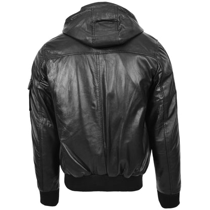Mens Leather Bomber Jacket with Hoodie Bronx Black - genuine leather jacket in black with bomber