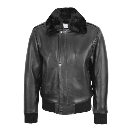 Mens Leather Bomber Pilot Jacket Removable Collar Leroy Black - genuine leather jacket in black with two outer pockets