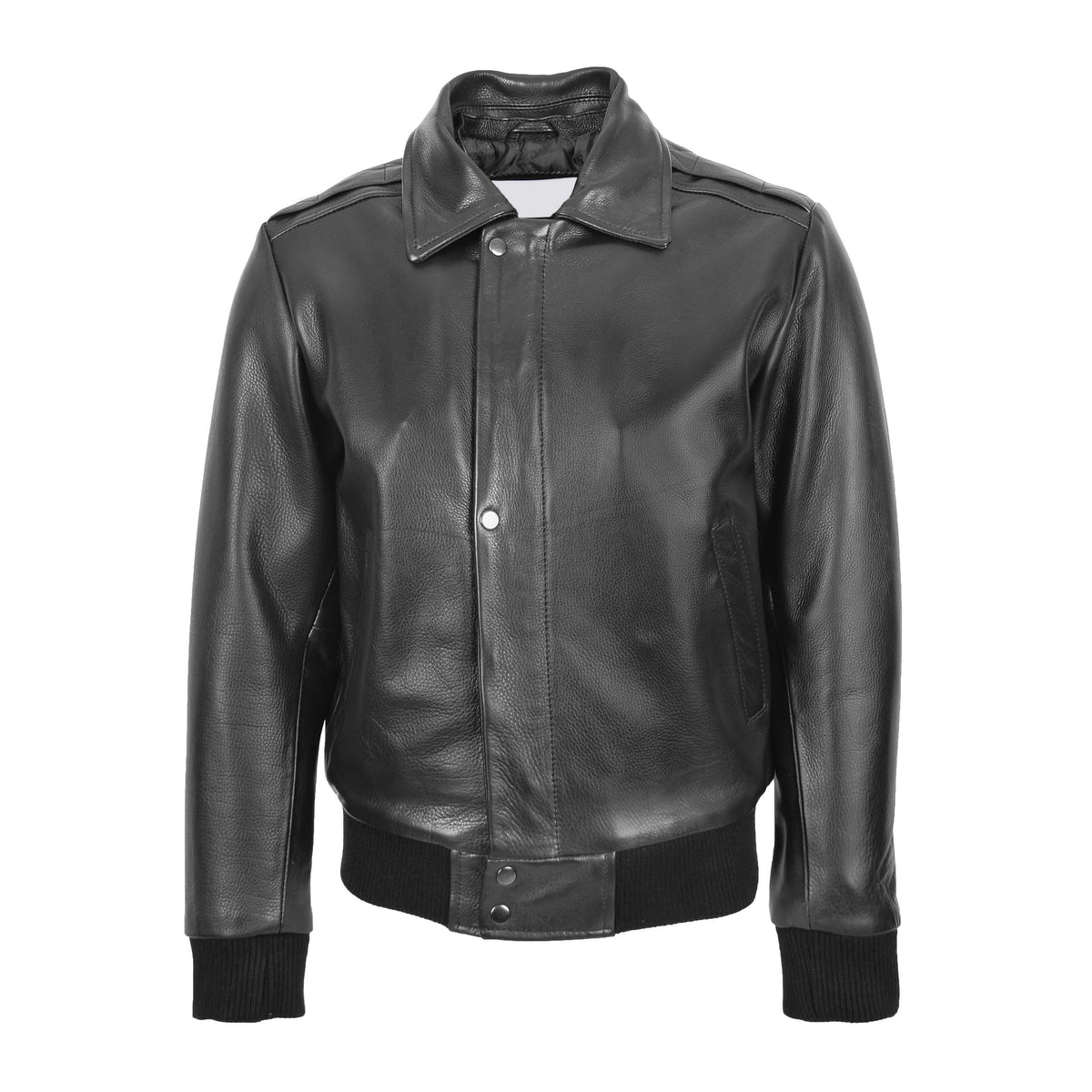 Mens Leather Bomber Pilot Jacket Removable Collar Leroy Black - genuine leather jacket in black with two outer pockets