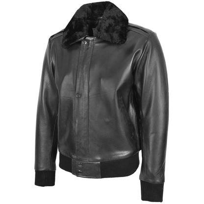 Mens Leather Bomber Pilot Jacket Removable Collar Leroy Black - genuine leather jacket in black with bomber
