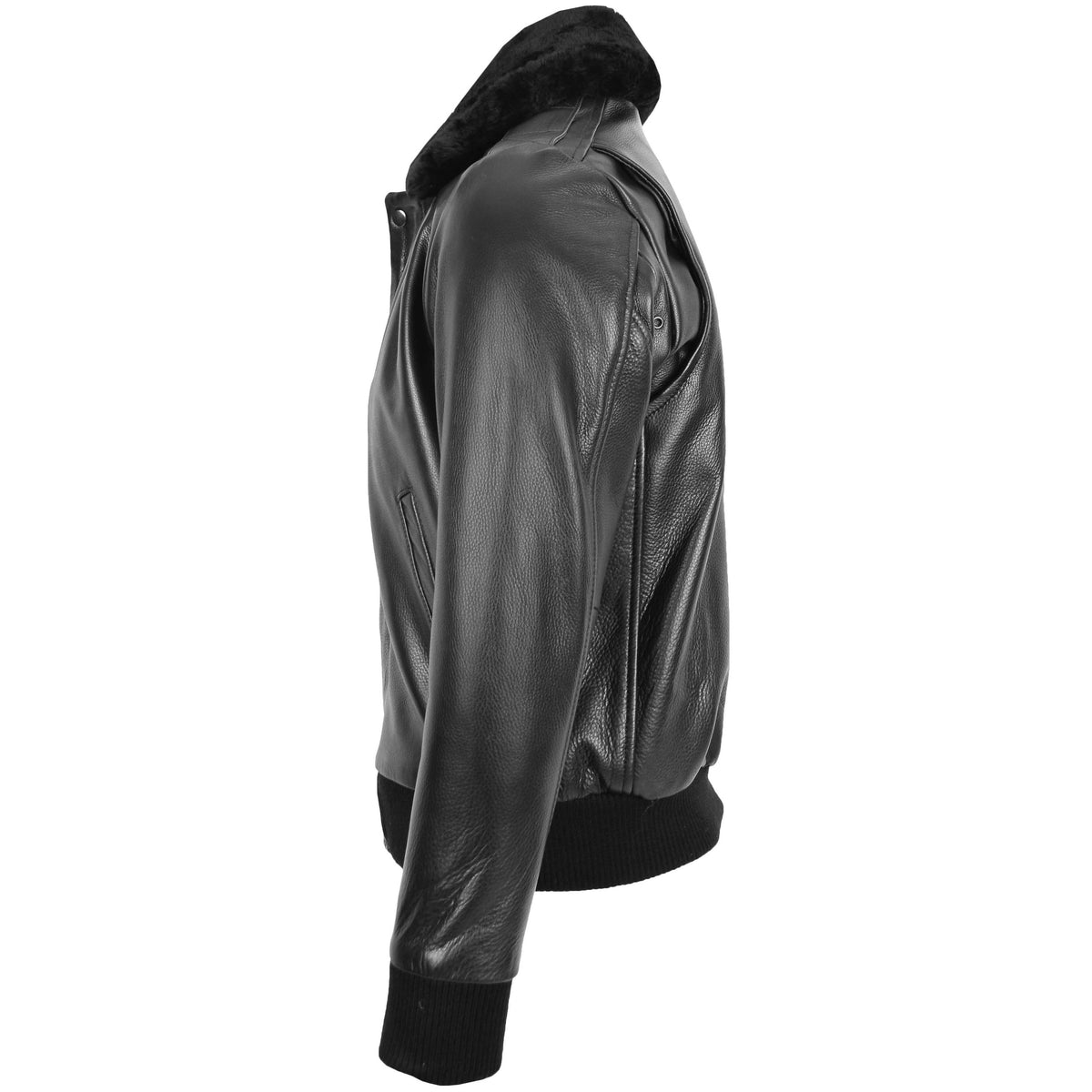 Mens Leather Bomber Pilot Jacket Removable Collar Leroy Black - genuine leather jacket in black with two outer pockets