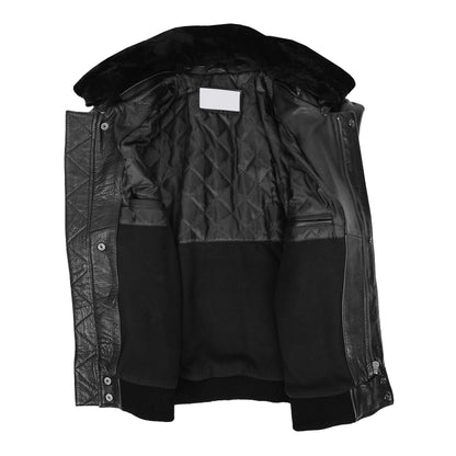 Mens Leather Bomber Pilot Jacket Removable Collar Leroy Black - genuine leather jacket in black with bomber