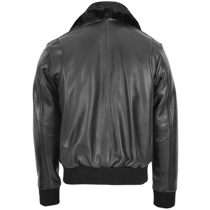 Mens Leather Bomber Pilot Jacket Removable Collar Leroy Black - genuine leather jacket in black with two outer pockets